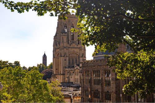 Wills Memorial Building seen through a gap in some trees